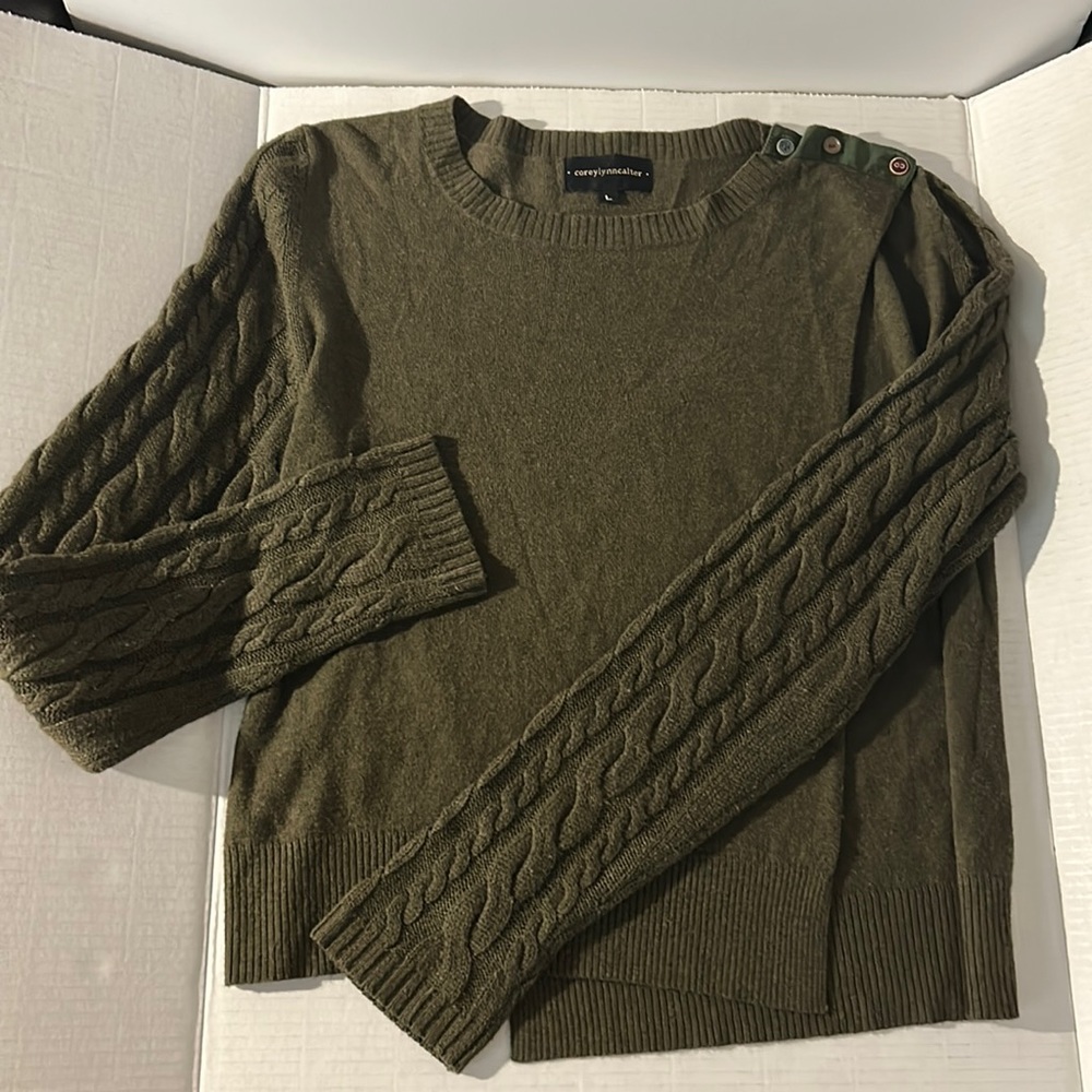 Corey Lynn Calter Olive Green Cable Knit Crewneck Sweater